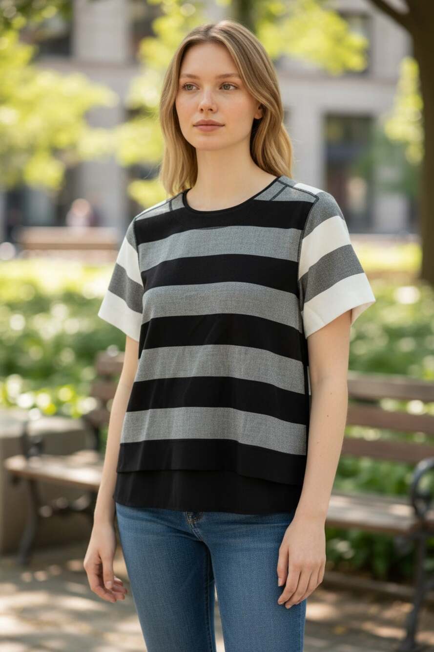 BANANA REPUBLIC Top Size M Black Gray White Stripe Graphic Print Blouse